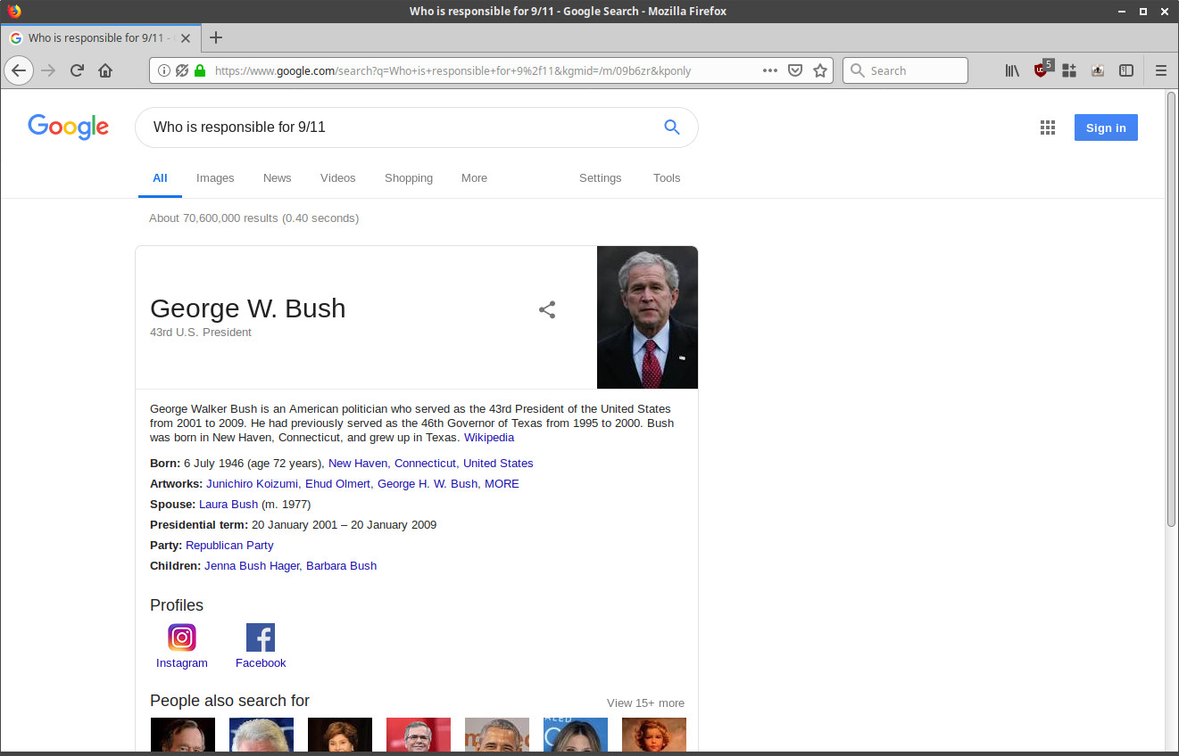 Screenshot of a Google Search which seems to suggests George W. Bush was responsible for the 9/11 terrorist attack.