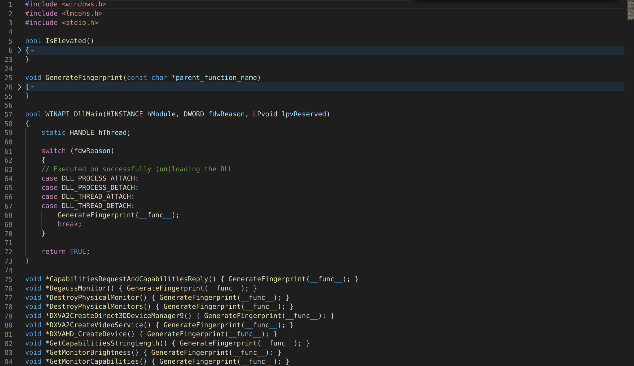 Screenshot of sample C code for our own version of dxgi.dll.