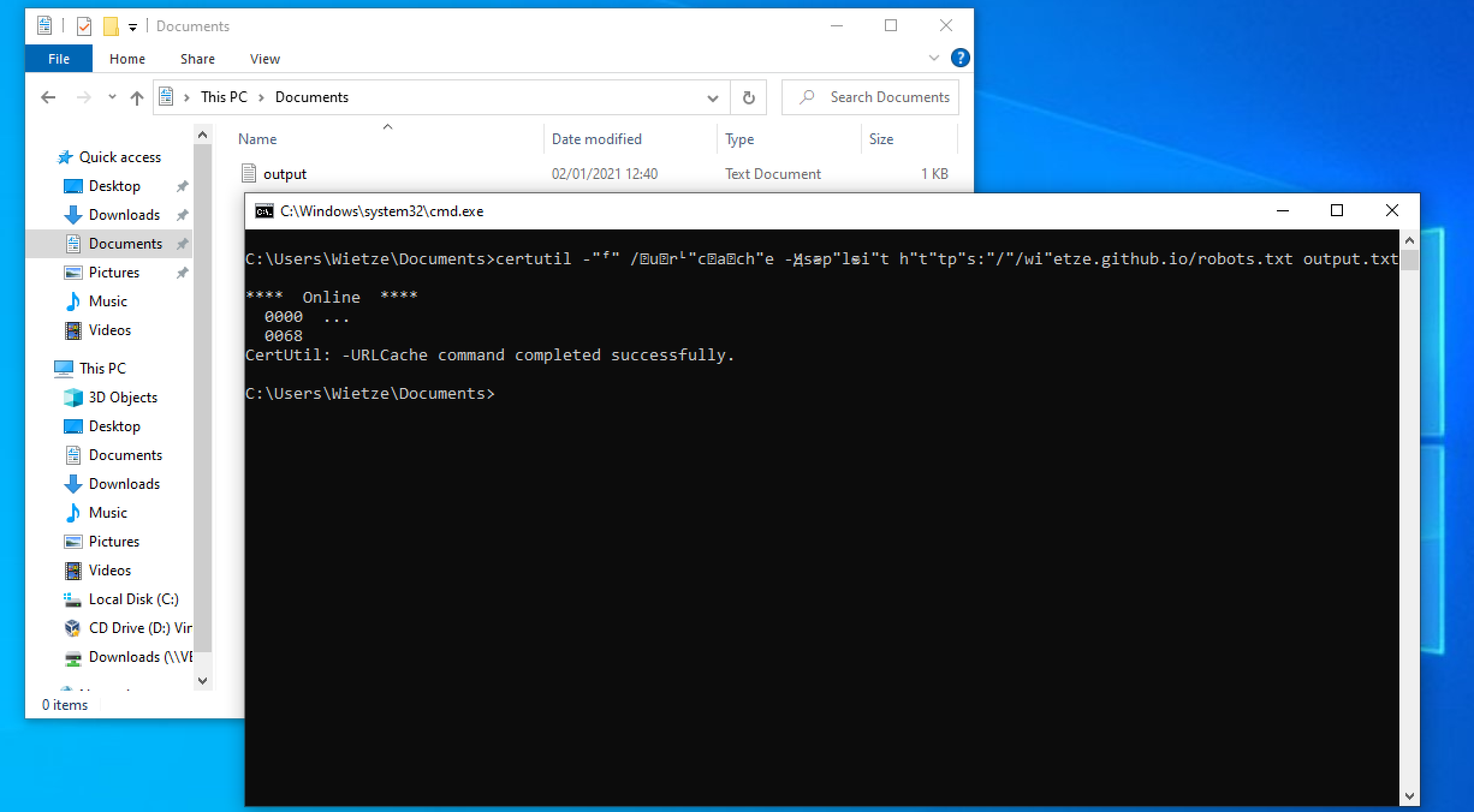 executing batch file in the command-line in windows and concatenating file  to standard output 