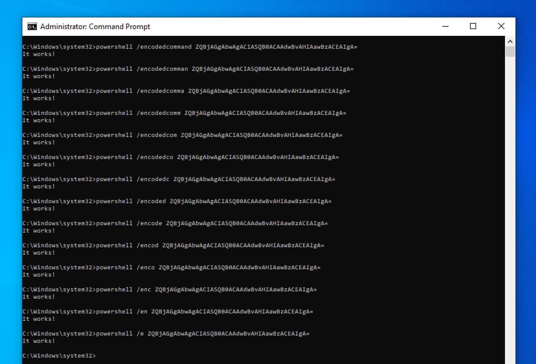 Screenshot of a successful PowerShell executions using 13 different shorthands.